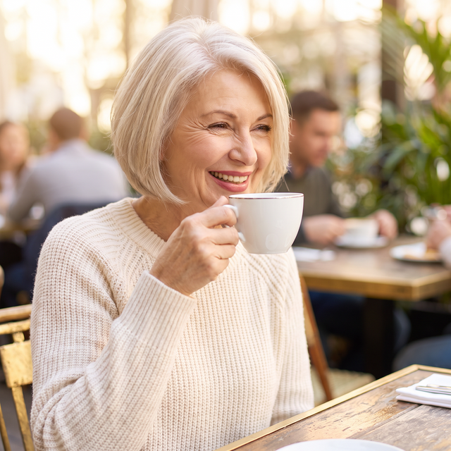 Woman with coffee, lips still rosy