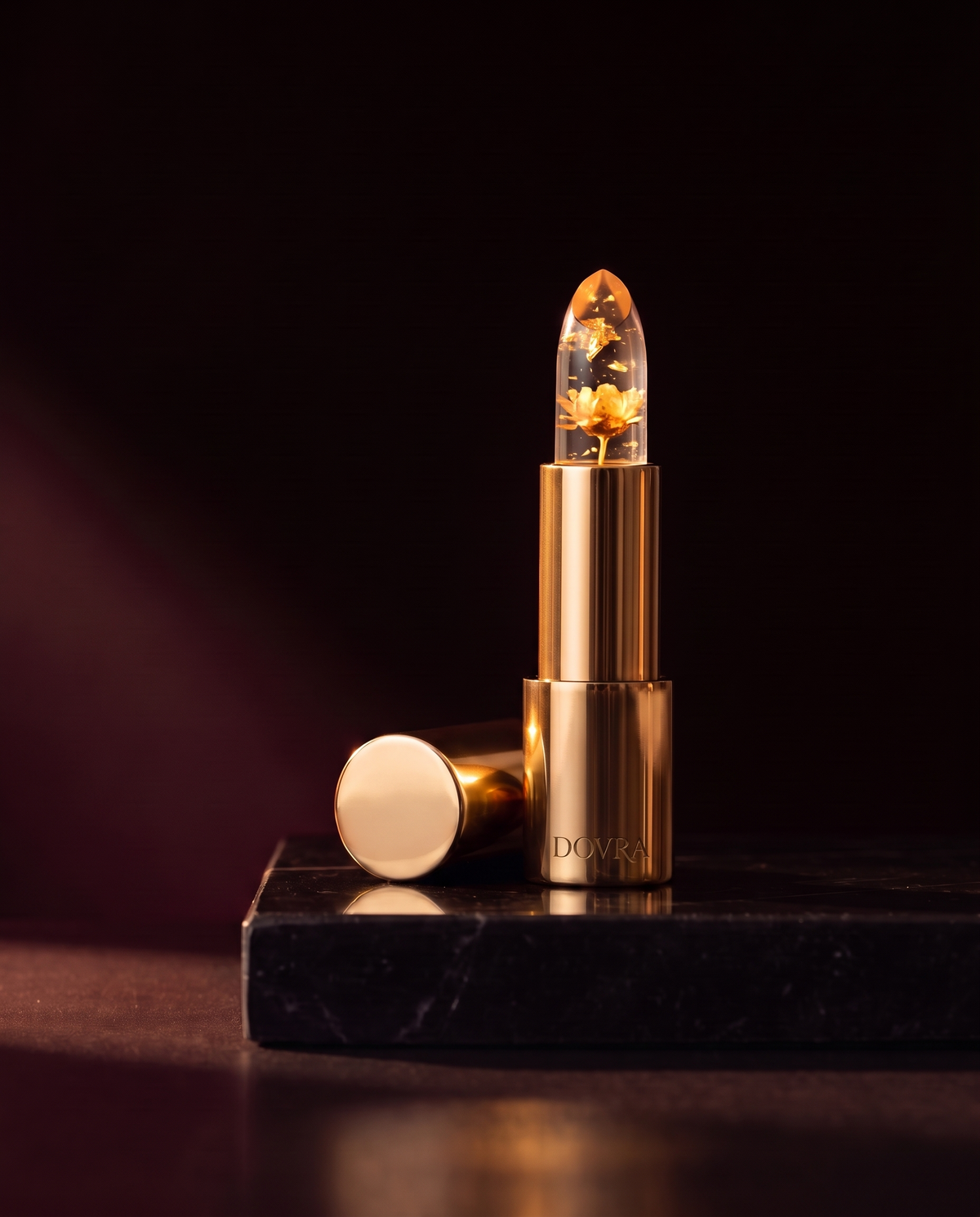 Dovra gold lipstick on black