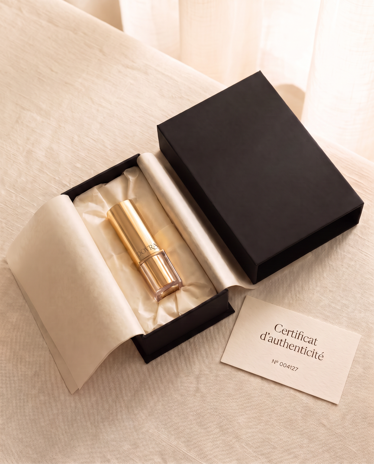 Dovra lipstick in its black gift box