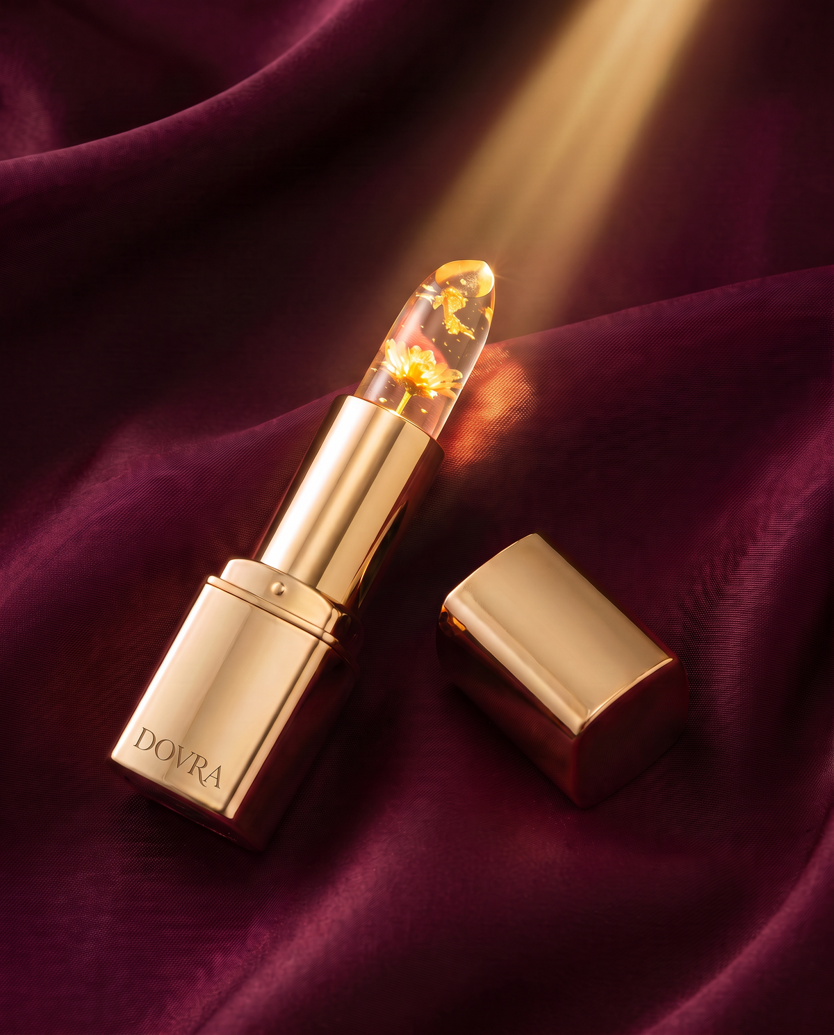 Dovra lipstick on burgundy silk