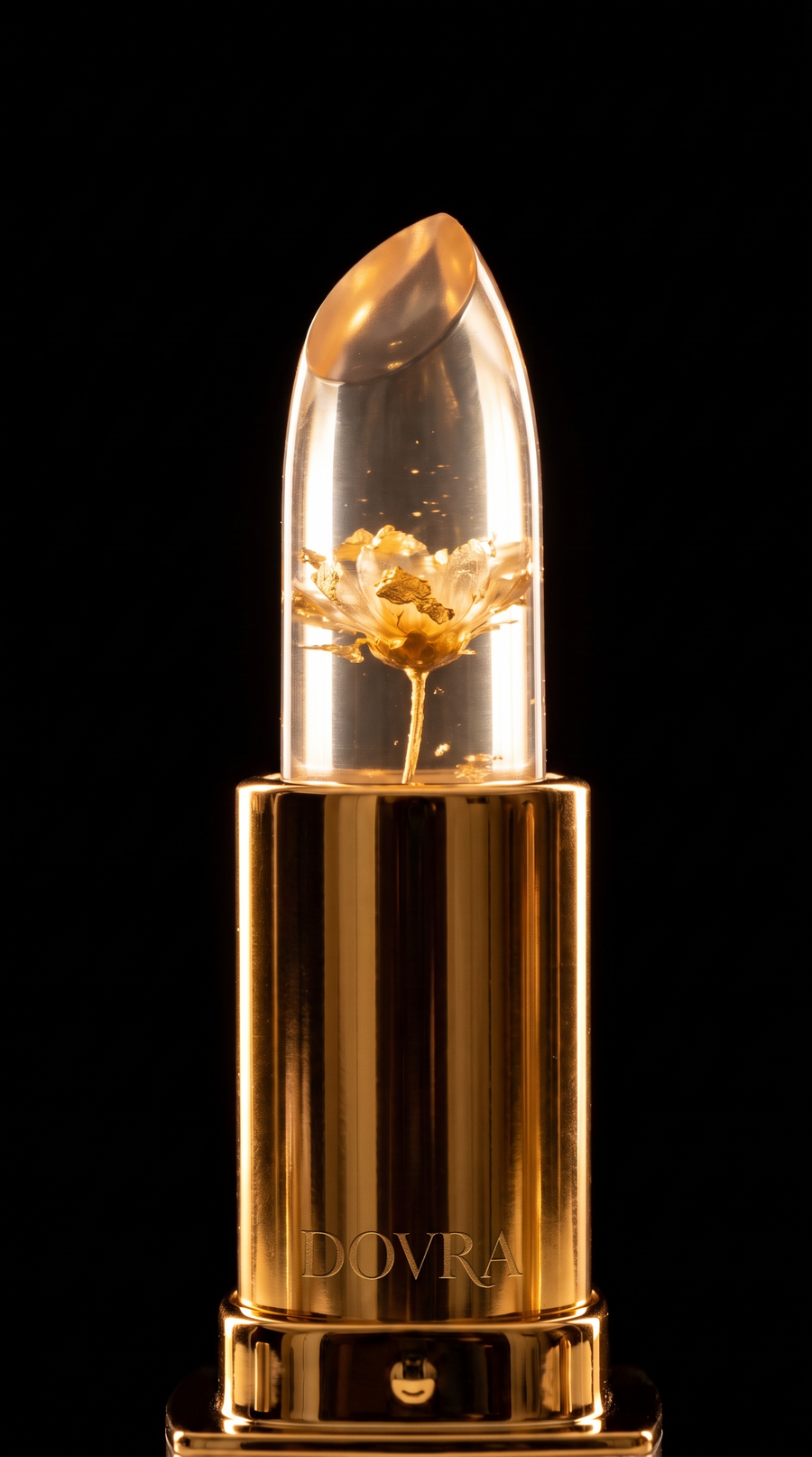 Dovra lipstick, crystal clear with a gold flower