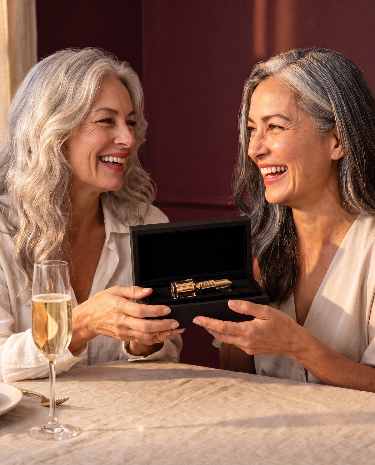 Two friends sharing a Dovra gift
